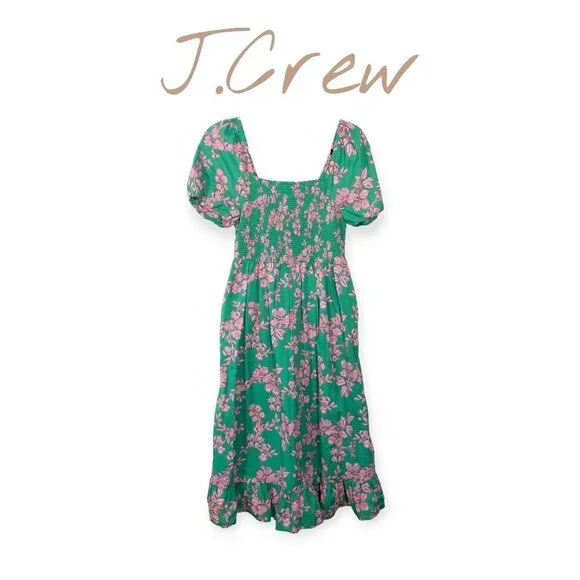 J.Crew Floral Puff Sleeve Smocked Cotton Midi Dress SZ S Green Boho Cottage Core - Picture 1 of 9